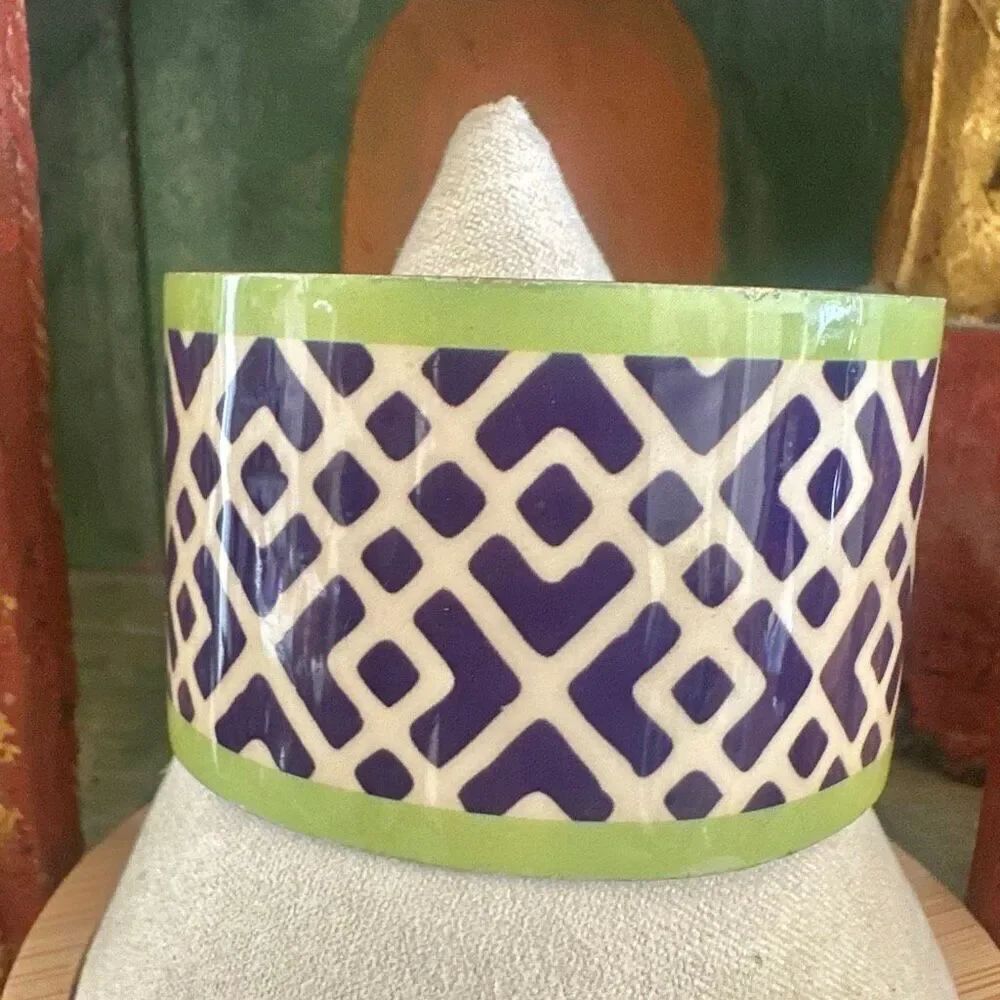 Vintage Brass Enamel Wide Cuff Bracelet – Navy, Cream & Lime Green Geometric Des
